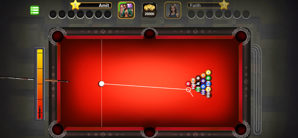 Pool Masters Pro - Multiplayer - Vista dall'alto di un tavolo da biliardo rosso in Pool Masters Pro che mostra una stecca che mira a una rastrelliera di palle