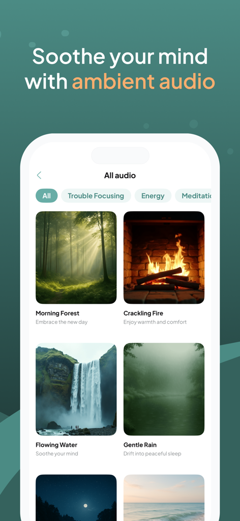 Omna: Mental Health - Omna app interface showing a selection of ambient audio tracks for relaxation and focus