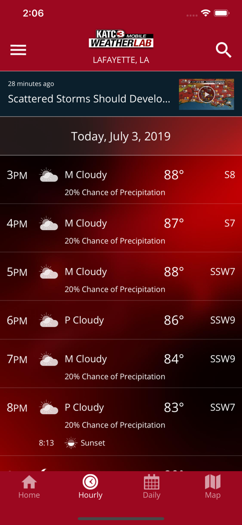 KATC Weather app hourly forecast for Lafayette showing temperatures and precipitation chances