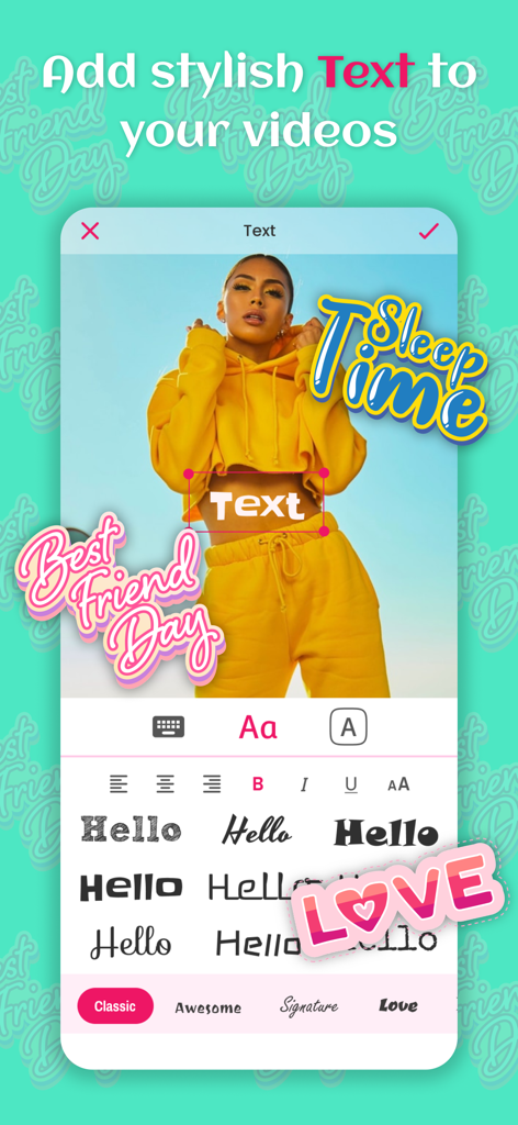 Clifie: Reels & Clip Maker App - Interface of the Clifie app showing how to add stylish text and colorful stickers to a video reel