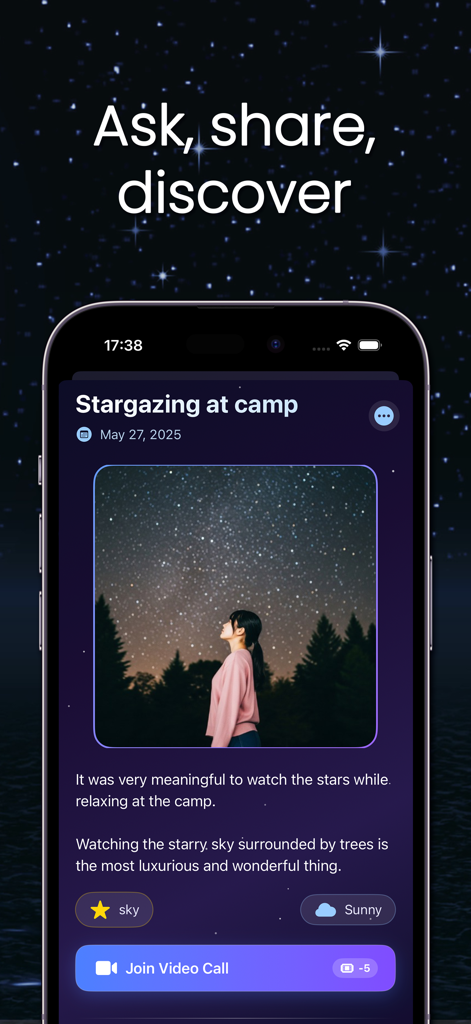 Moon - Night Sky Video Chat - Moon app interface showing a social post about stargazing under a starry night sky with a video call button