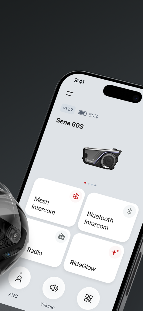 Sena Motorcycles - Interface de l'application Sena Motorcycles sur un smartphone montrant les réglages de l'appareil pour l'intercom Mesh et Bluetooth