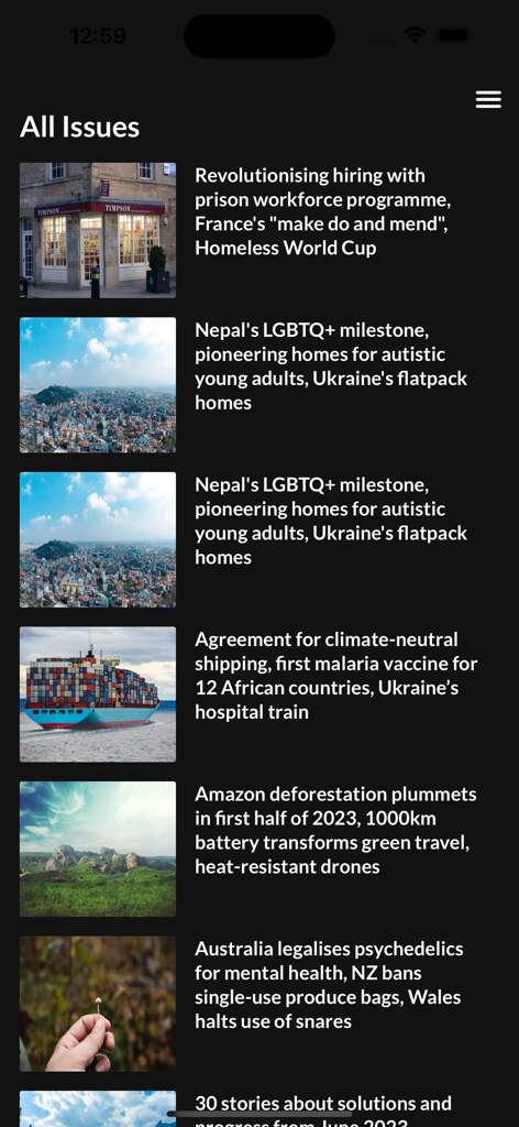 Squirrel News - A list of news articles in the Squirrel News app featuring headlines about positive global progress and solutions.