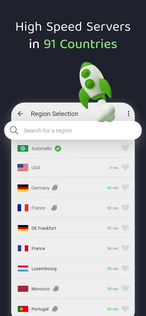 Private Internet Access VPN app interface showing a global region selection list with low latency servers in 91 countries.