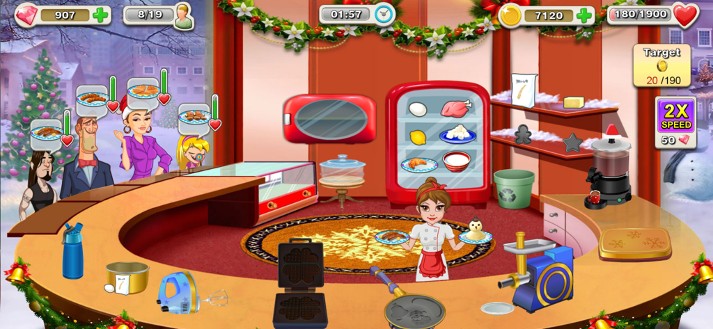 Kitchen Story - Gameplay-Screenshot von Kitchen Story zeigt eine Köchin, die Kunden in einem weihnachtlich dekorierten Restaurant bedient