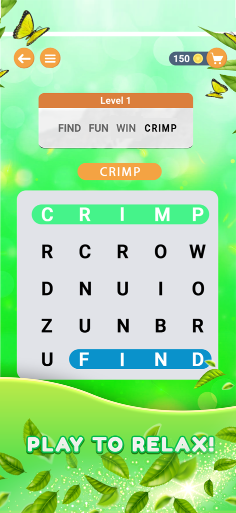 Screenshot of Level 1 in the Words Search mobile game featuring a letter grid with a relaxing green nature background