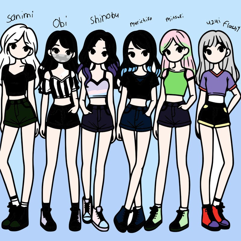 a group of girls wearing crop tops and shorts