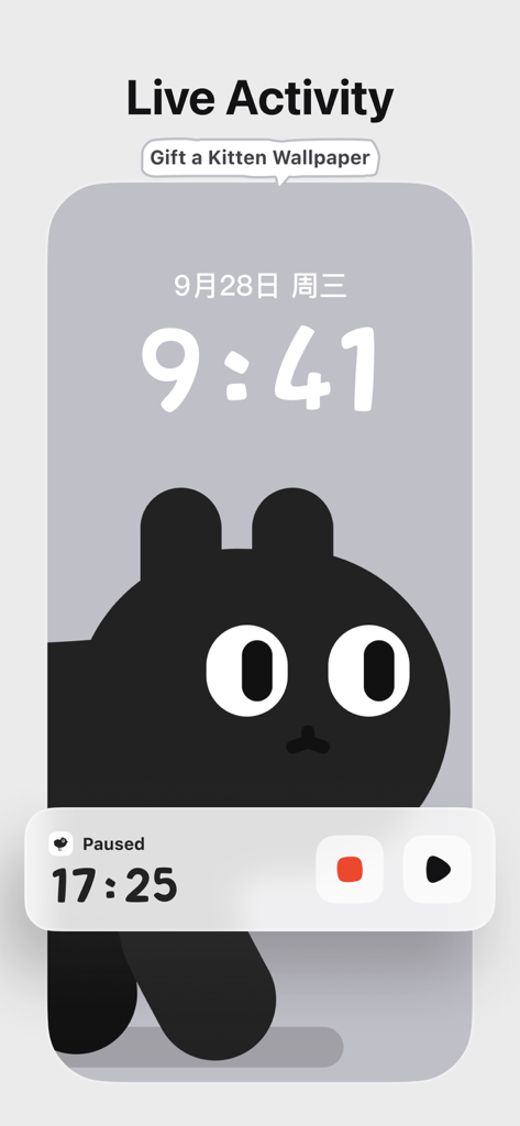 ChickFocus Pomodoro timer shown as a Live Activity on an iPhone lock screen with a cute character wallpaper