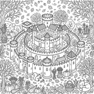 Step into a magical autumn realm with this intricate concentric castle coloring page. Discover a medieval fortress surrounded by charming fall foliage and woodland creatures, ready for your creative touch.