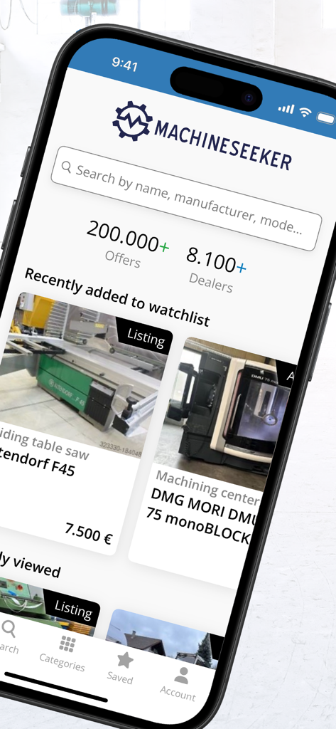 Machineseeker - Machineseeker app home screen showing used industrial machinery listings and search options.