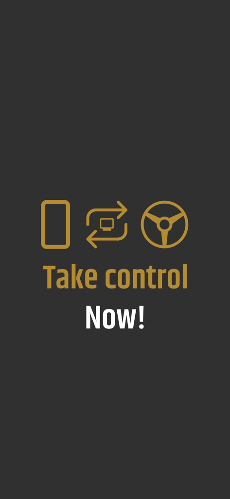 Fanatec App - Fanatec App splash screen featuring icons of a smartphone and a racing wheel with the call to action Take control Now.
