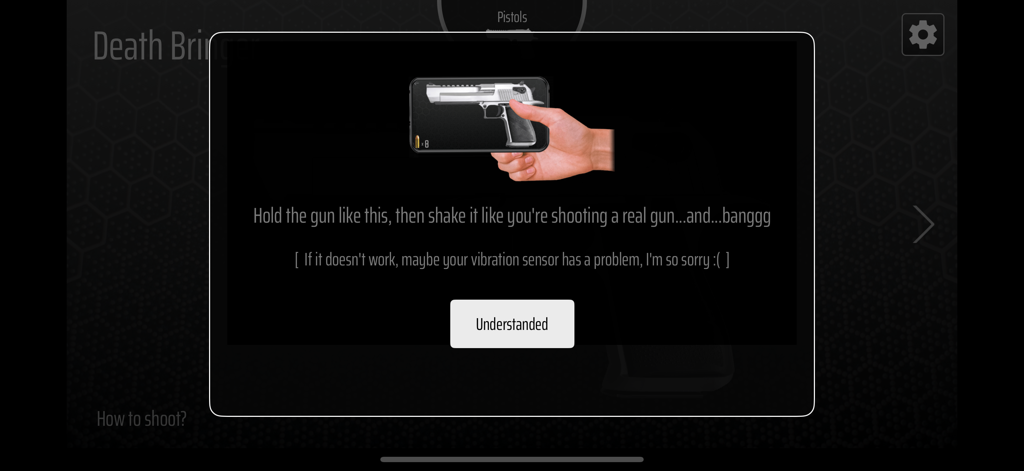 Instructional pop up explaining the shake to shoot mechanic in Gun Simulator