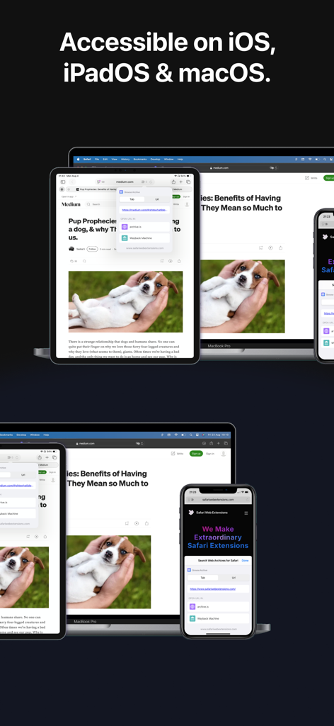 Search Web Archives for Safari - Search Web Archives for Safari extension displayed across iPhone iPad and Mac devices