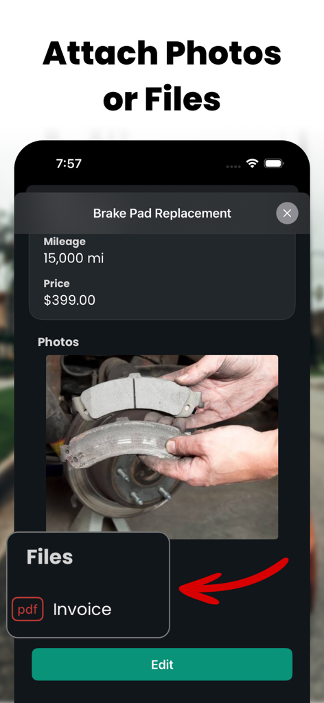 Car Maintenance: ServiceLog - App screen showing a brake pad replacement record with an attached photo and a PDF invoice