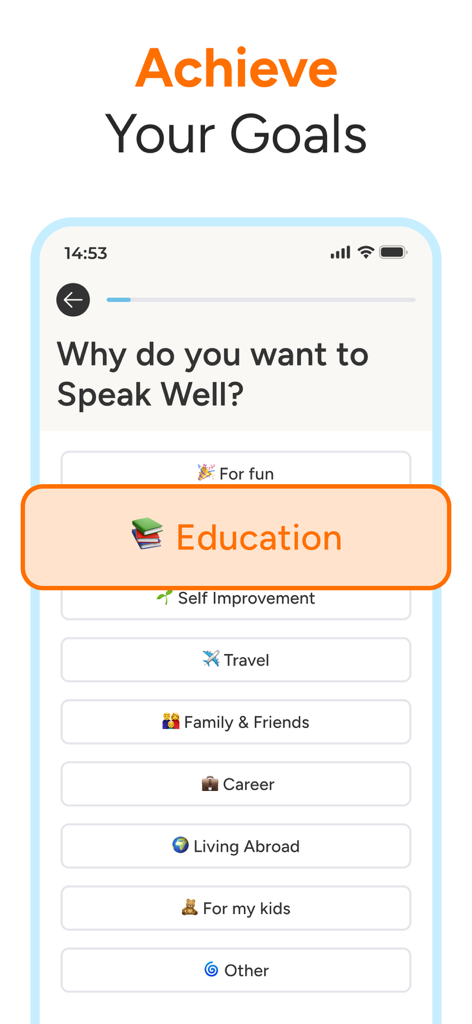 SpeakWell app onboarding screen showing English learning goals with Education highlighted