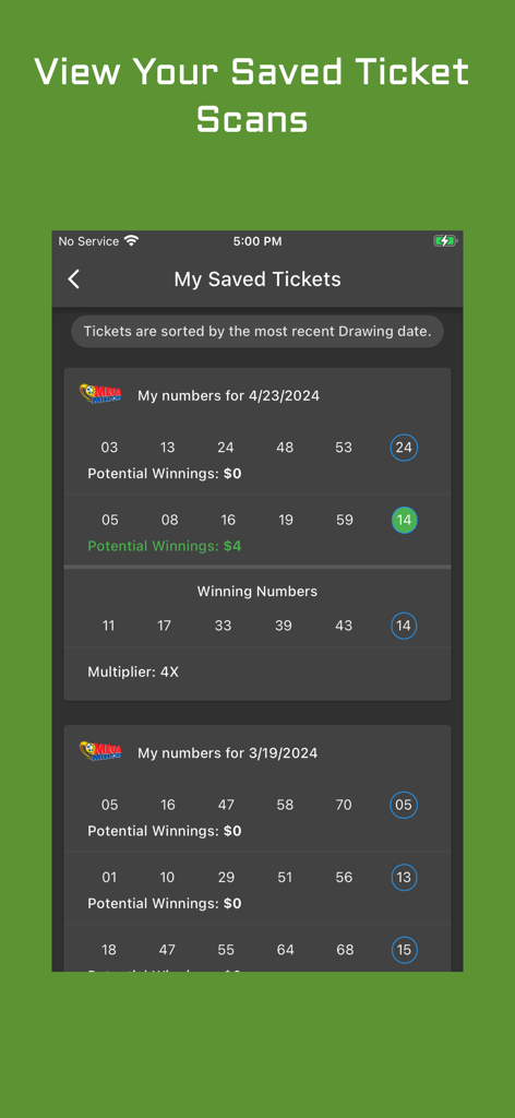 Interface showing a list of saved Mega Millions lottery tickets with scanned numbers and potential winnings