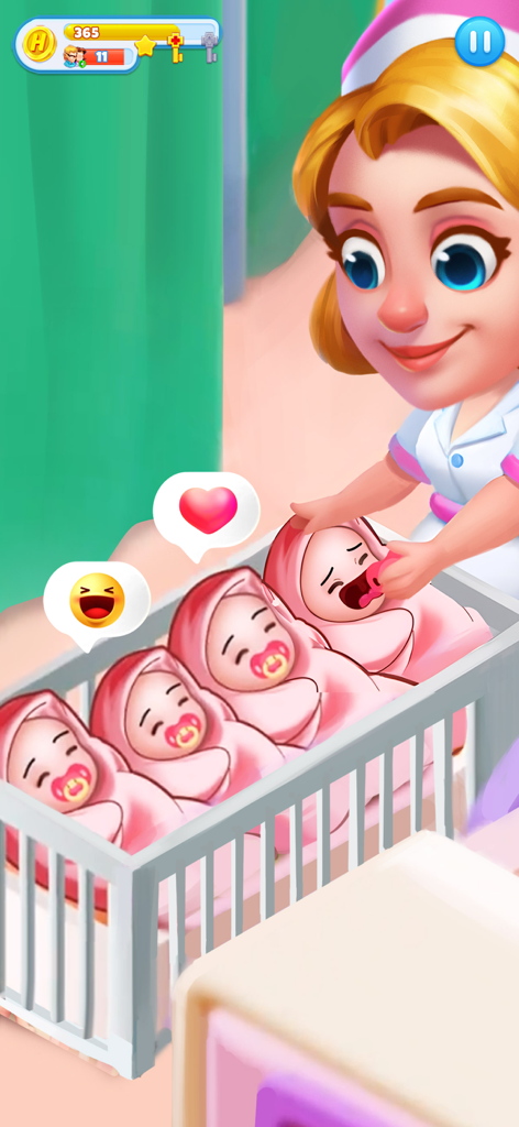 病院の保育器のベビーベッドで4人の赤ちゃんの世話をする漫画の看護師