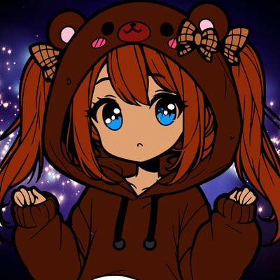 cute anime girl with ponytails and a cute bear hoodie