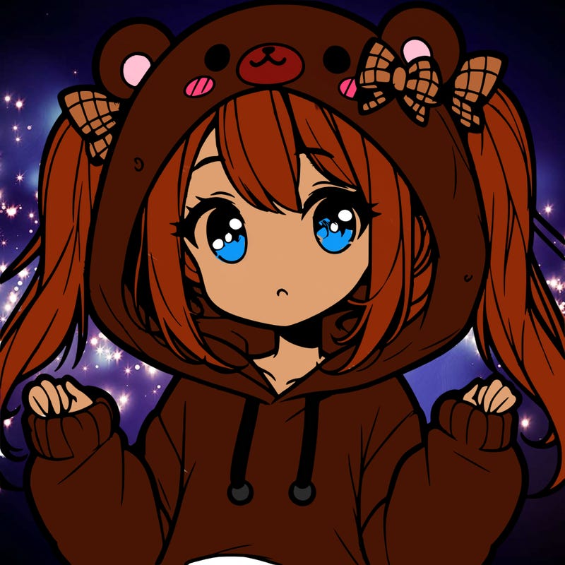 cute anime girl with ponytails and a cute bear hoodie