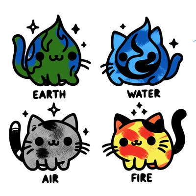 4 cats that represent the different elements, earth, water, air, and fire