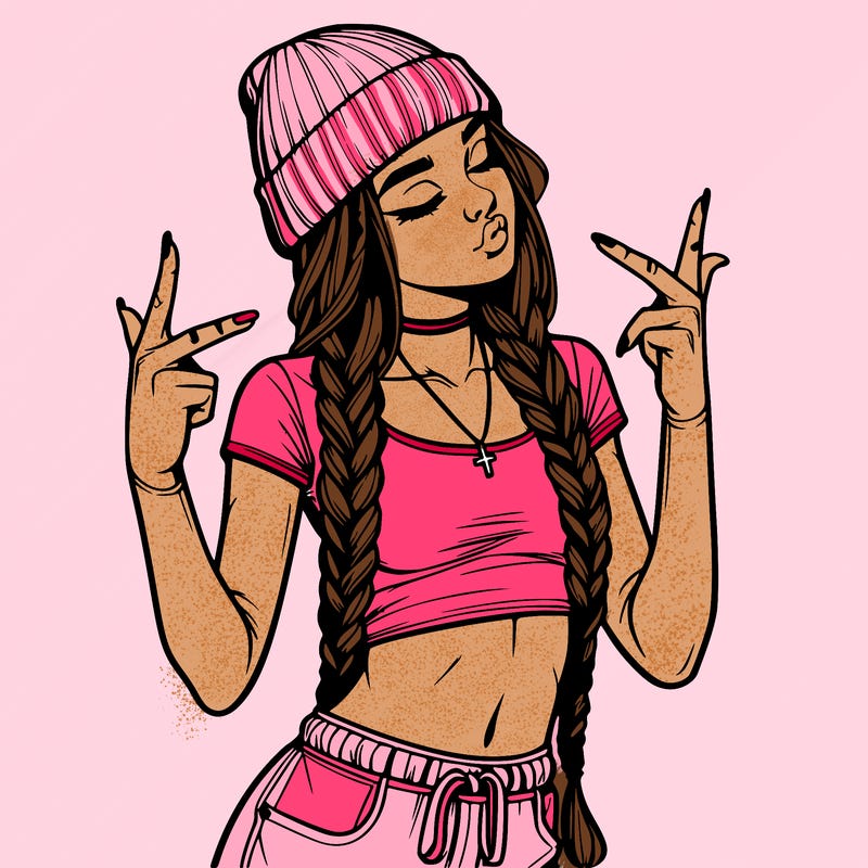 realistic teenage girl with braids and a beanie and crop top doing 🫶🏼