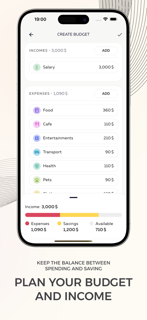 Finance Tracker: Money Control - Pantalla de la aplicación móvil que muestra una interfaz de planificación de presupuesto con seguimiento de ingresos y gastos