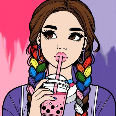 realistic girl with braided hair drinking boba