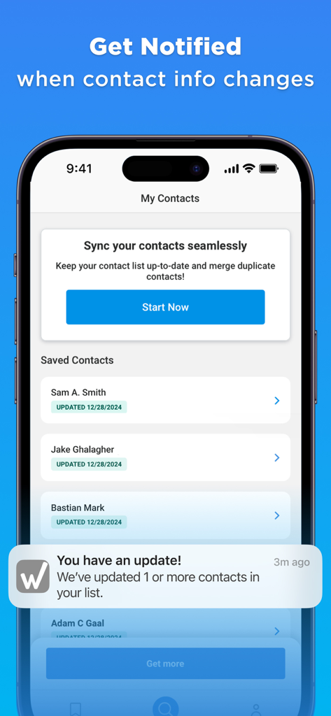 Whitepages Search, Find People - Whitepages app screen showing contact list sync and notification for updated contact information