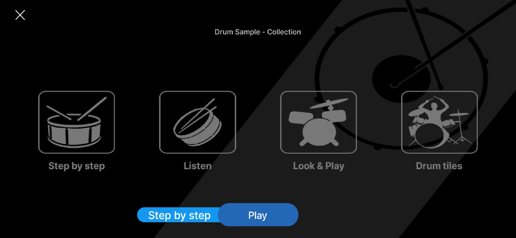 Drum Live - Drum Live app menu screen showing drum learning modes including step by step, listen, look and play, and drum tiles.