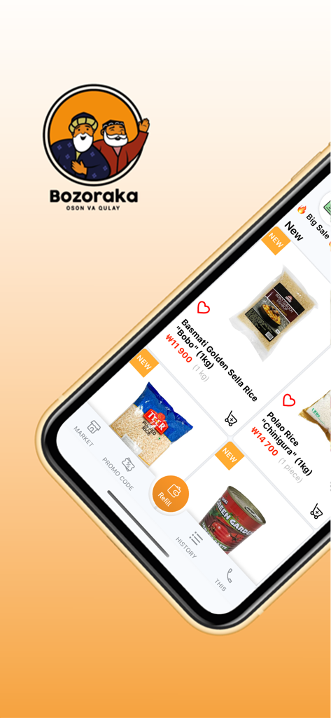 Bozoraka - Bozoraka 모바일 앱 인터페이스, 쌀과 식료품이 중앙 아시아 로고 및 충전 옵션과 함께 표시됨