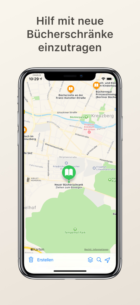 Public Bookshelf - 本のアイコンと新しいコミュニティ図書館の場所を追加するためのツールを示すPublic Bookshelfアプリのマップインターフェイス