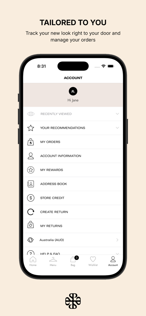 Showpo: Fashion Shopping - Écran du compte de l'application Showpo montrant des recommandations personnalisées et des options de suivi de commande
