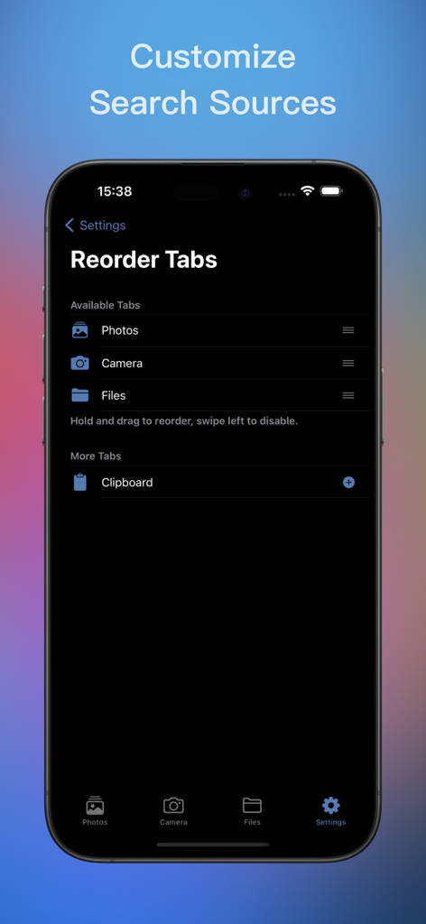 A screenshot of the Imagio app settings showing the Reorder Tabs screen to customize search sources