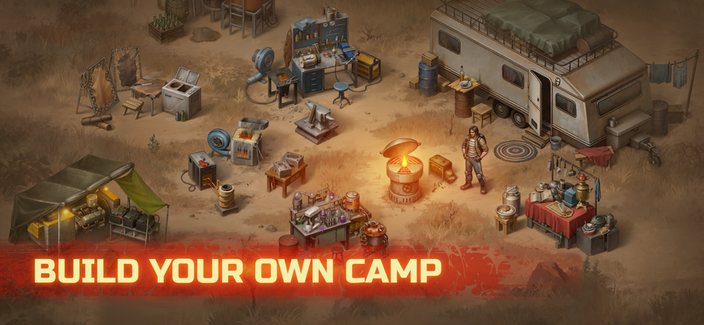 Day R Premium: Survival RPG - A survivor standing in a detailed post-apocalyptic base camp with crafting tools and a trailer