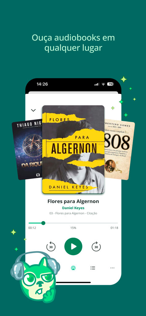 Mobile Benutzeroberfläche der Skeelo App, die ein Hörbuch mit Buchcovern und Mediensteuerelementen abspielt.