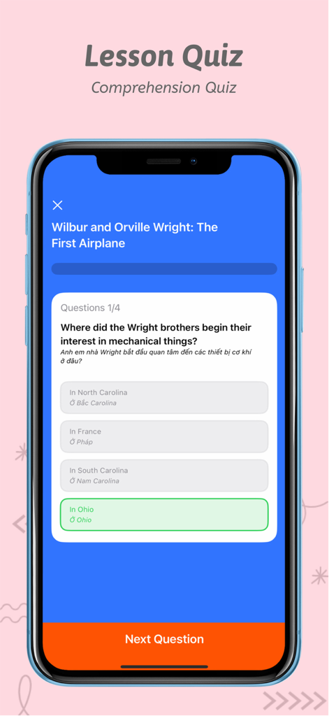 VOA Learning English: Podcast - Interface of a comprehension quiz in the VOA Learning English app featuring bilingual text in English and Vietnamese