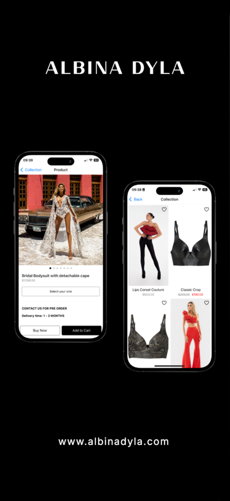 Albina Dyla - Aplicación móvil Albina Dyla que muestra moda nupcial y colecciones de alta costura en pantallas de iPhone.