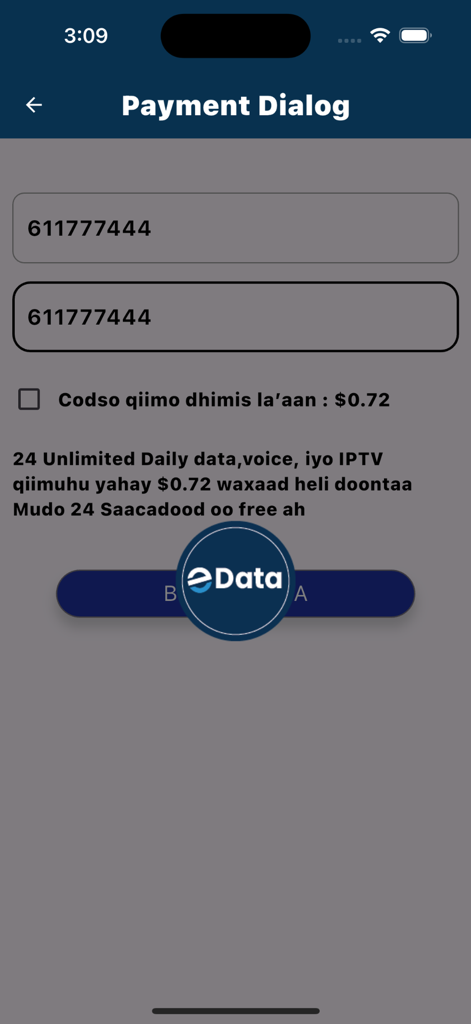 Edata - Payment dialog in Edata app showing internet data purchase for Somalia