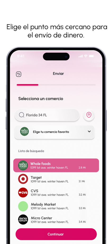 Zensy - Zensy app interface showing a list of nearby retail locations like Whole Foods and Target to start a money transfer from the USA