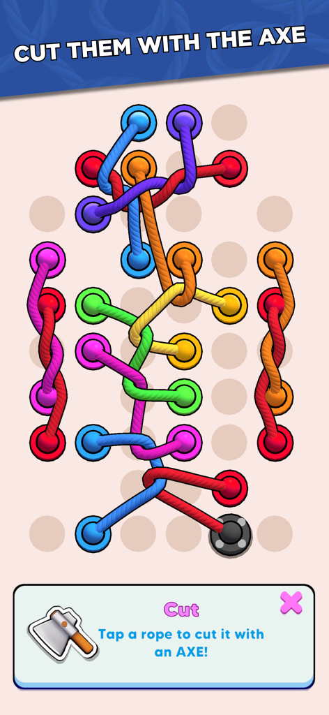Twisted Ropes: Untangle 3D - Gameplay screenshot of Twisted Ropes Untangle 3D showing colorful tangled ropes and a pop-up menu for the axe cutting power-up