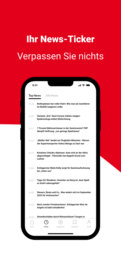tz - Deine News aus München - Schermata dello smartphone che visualizza il ticker di notizie dell'app tz con i principali titoli tedeschi