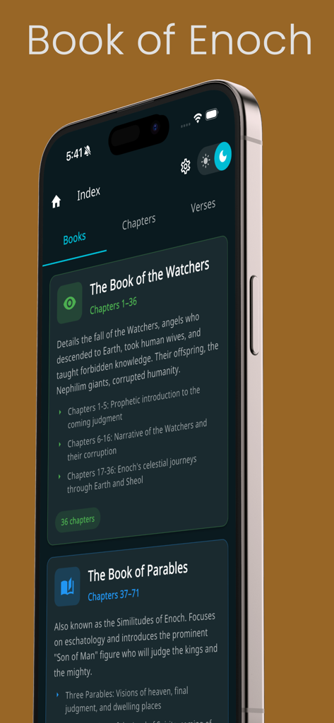 Index screen of the Book of Enoch mobile app showing book sections and chapters in dark mode