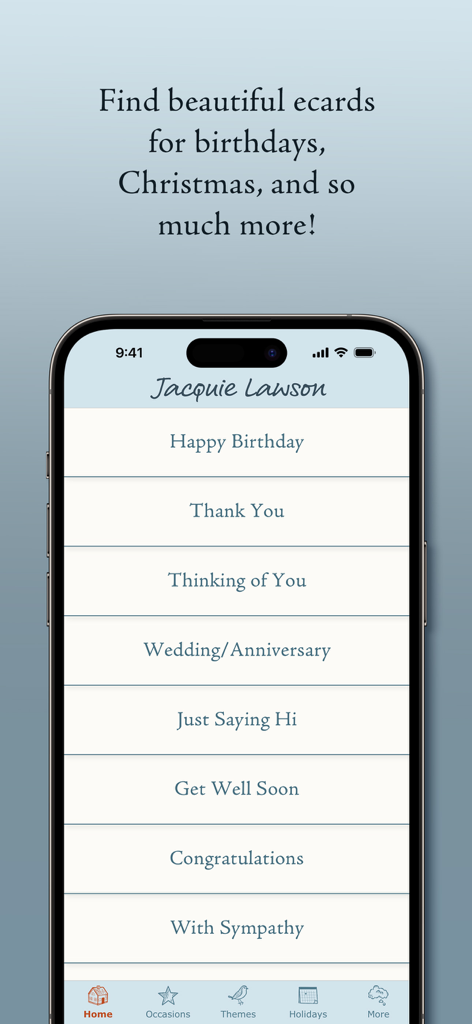 Écran d'accueil de l'application Jacquie Lawson Ecards montrant les catégories de cartes de vœux