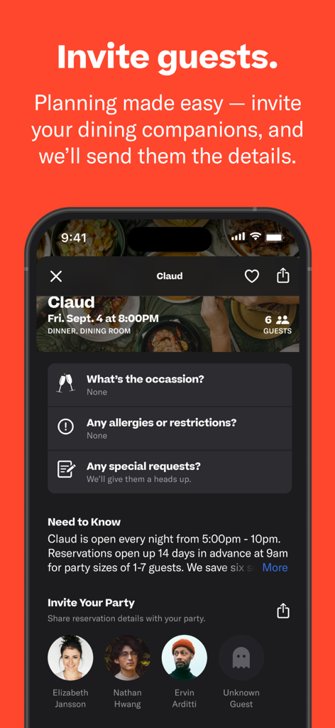 Resy app interface showing the guest invitation screen for a group dinner reservation at a restaurant.