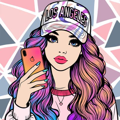 realistic beautiful girl wearing los ángeles cap holding an iphone