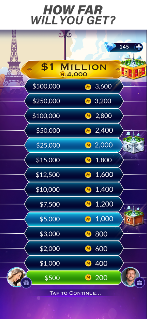 A screenshot of the Millionaire Trivia game showing the classic money tree ladder with reward levels from 500 to 1 million dollars.