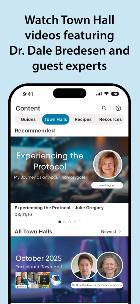 Uno screenshot dell'app RECODE che mostra la sezione Town Hall con video del Dr. Dale Bredesen ed esperti ospiti.