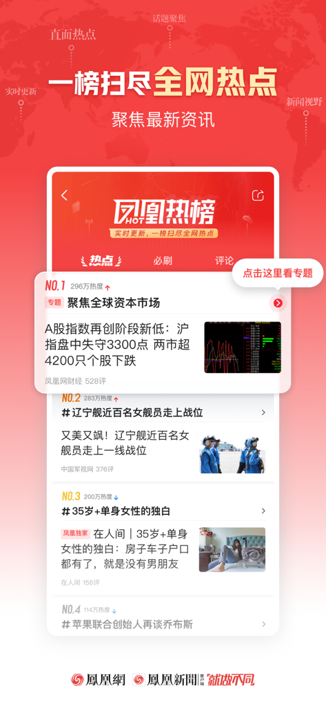 凤凰新闻(探索版)-热点头条新闻抢先看 - A screenshot of the Phoenix News app showing a list of trending global news and hot topics.
