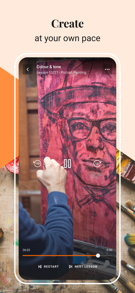 A video lesson on portrait painting within the BBC Maestro app, featuring a student learning at their own pace with easy navigation controls.