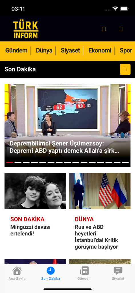 TURKINFORM - The main news feed of the TURKINFORM mobile app showing Turkish headlines about current events and world news.